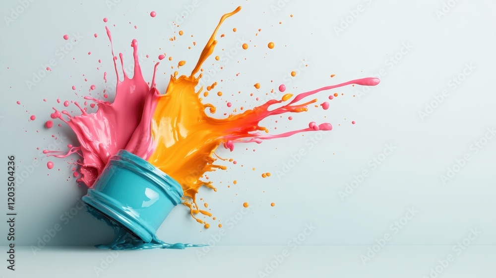 Poster a burst of colorful paint splashes from an overturned bucket, creating dynamic shapes and visually s