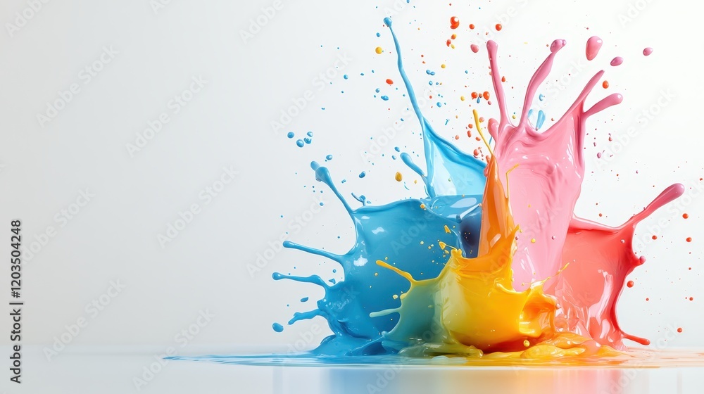 Poster an explosion of colorful paints splashing energetically across a clean white surface, demonstrating 