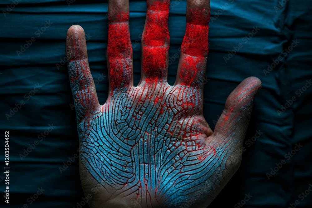 Canvas Prints open hand with red and blue pigments highlighting fingerprint details on a dark background