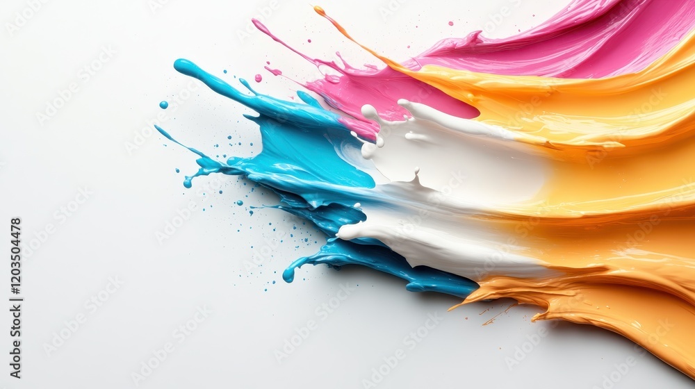 Poster an abstract composition showcasing vibrant colors of paint splashing energetically across a plain wh