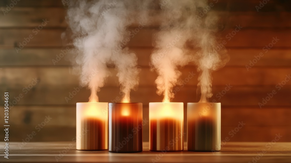 Poster an artistic display of four elegant candles emitting soft, smoky light, creating a warm and inviting