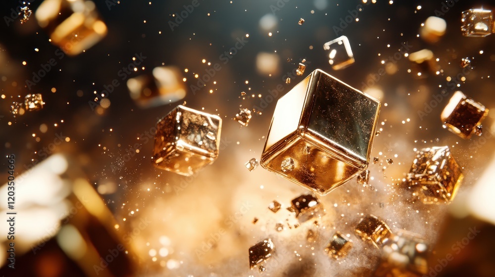 Poster this abstract image features floating golden cubes surrounded by dynamic light particles, creating a