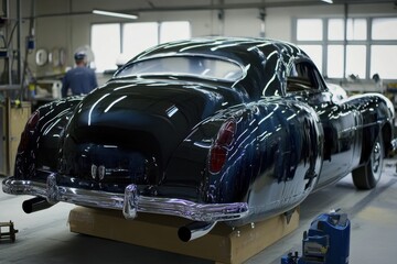 Applying clear coat to classic car for a glossy and protective finish in a professional workshop