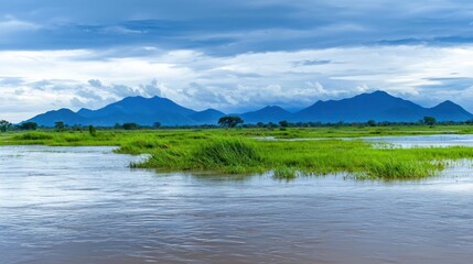 Obraz premium Serene landscape with distant mountains