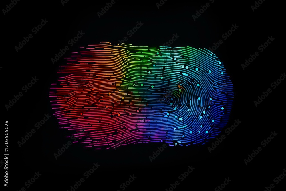 Poster rainbow colored fingerprint dissolving into digital particles representing biometric security and pe