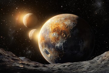 A spectacular space image featuring a planet with a dynamic ecosystem, framed by two orbiting...