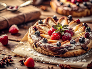 Delicious Baked Pastry with Fresh Fruits. Tasty Food background
