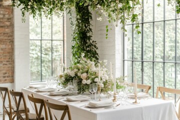 Elegant dining setup with floral arrangement in a bright venue featuring large windows, perfect for a joyful celebration