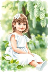 Adorable girl in white dress sitting in a garden.