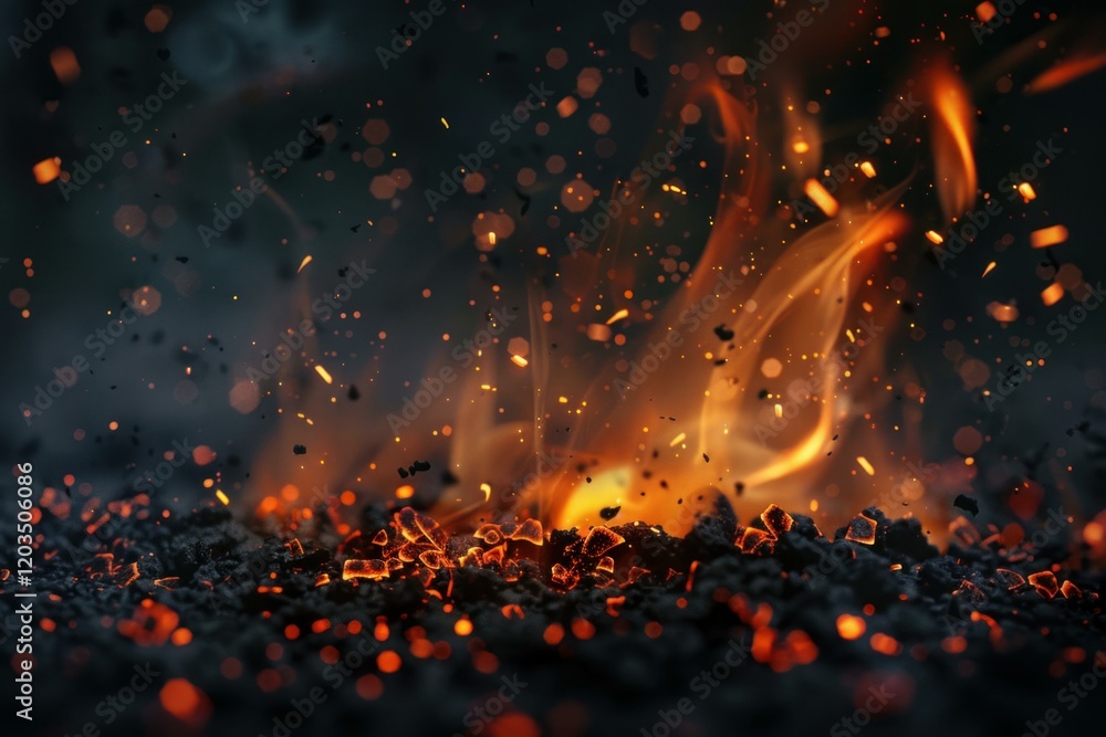 Poster smoldering embers and bright flames create a captivating display of glowing sparks against a dark ba
