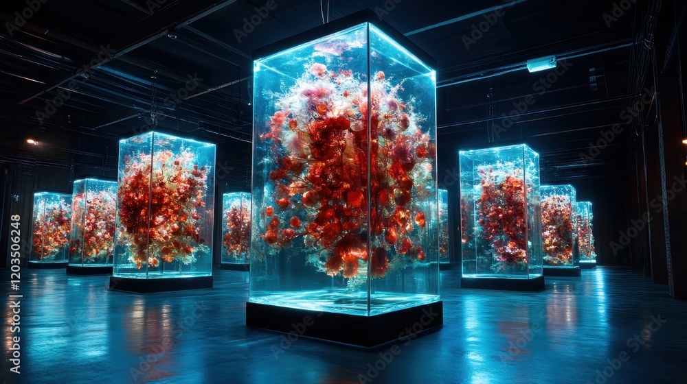Poster an immersive art installation features luminous jellyfish encased in transparent displays, creating 