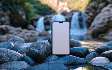 A premium smartphone with a large blank display, positioned on a bed of smooth river stones with a waterfall in the background