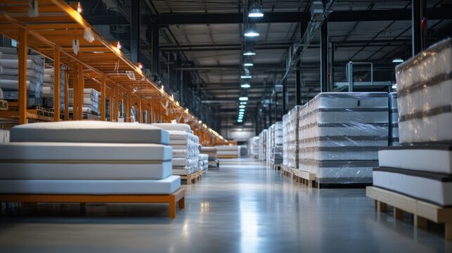 Modern bed manufacturing plant with bright lighting, automated robotic systems, and stacks of completed bed frames.