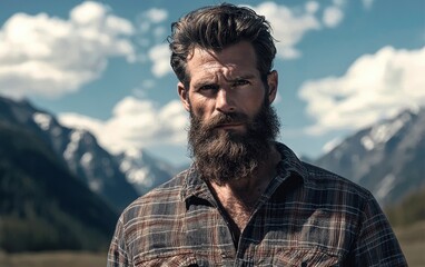 A rugged outdoorsman with a full beard and intense gaze, wearing a flannel shirt, standing in a vast mountain landscape