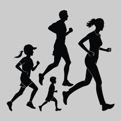 Fototapeta premium male female and children jogging silhouette vector design art and illustration