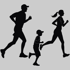 Fototapeta premium male female and children jogging silhouette vector design art and illustration