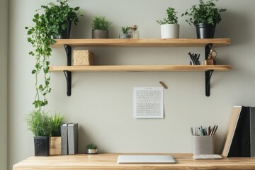 Decorative workspace with plants and natural wooden shelves in a modern indoor setting