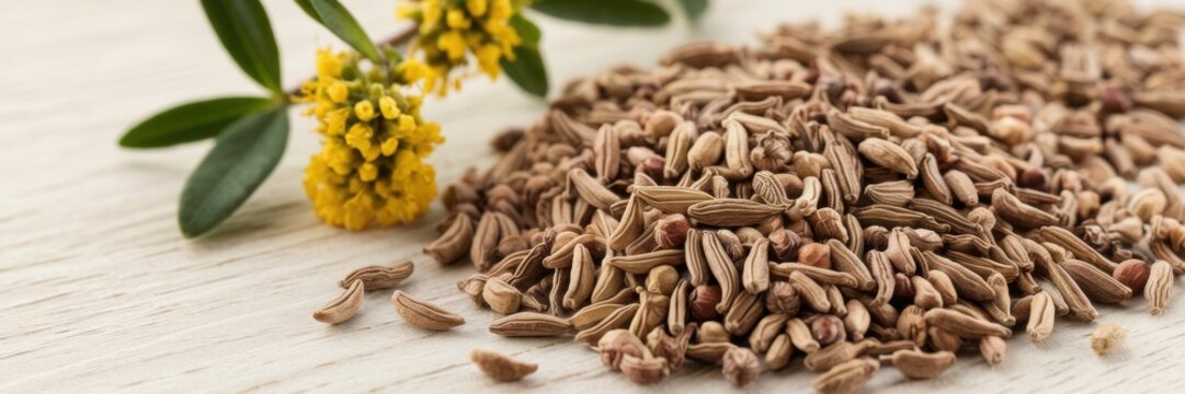 A banner with an image of cumin seeds. In the picture, cumin seeds are scattered on a light wooden surface. In the background there is a small twig with green leaves and yellow cumin flowers.