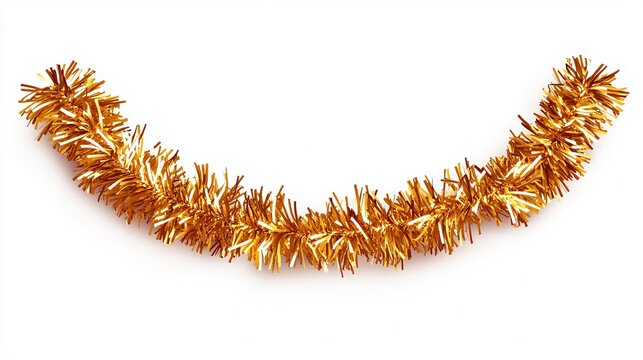 A detailed, wide golden Christmas garland with a curved festive design. Isolated vector tinsel border, ideal for holiday-themed designs, website headers, and print materials. 