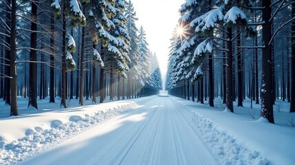 Serene Winter Pathway Through a Snow-Covered Pine Forest with Sunlight Streaming Through the Trees