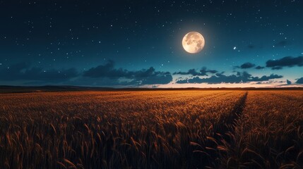 Fototapeta premium Full moon and Japanese pampas grass in midnight,The harvest Miscanthus sinensis and full moon,beautiful night sky in the countryside with the perfect moon exudes beauty in the dark.