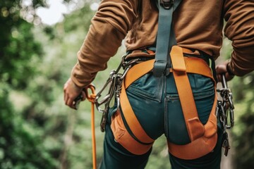 Rope climbing instructor prepares for an ascent in lush forest during an outdoor adventure