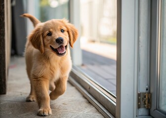 Adorable Golden Retriever Puppy Portrait, Left Side Copy Space