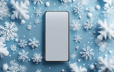 A premium smartphone with a large blank display, surrounded by delicate falling snowflakes with a wintery backdrop