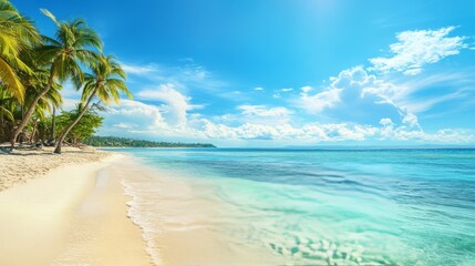 A scenic beachfront with golden sands, clear turquoise waters, and palm trees