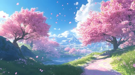 Serene Spring Landscape with Cherry Blossoms and Mountains