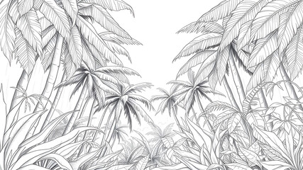 Tropical forest black and white rough lines and no fading and no shading pencil sketch for a wall design only the outlines. Generative AI