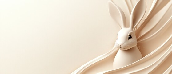 Easter Bunny Minimalist on Warm Beige Background with Space for Text Cute Cartoon Style Rabbit Ears Head Design in White