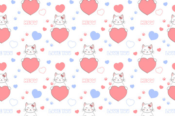Cute Valentine's Day seamless pattern with cat, heart, paw prints and lettering. Festive design for wrapping paper, fabric, wallpaper, cards. Vector illustration