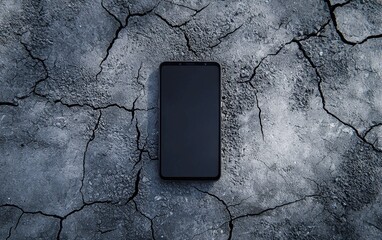 A premium smartphone with a large blank display, placed on a cracked concrete floor with an urban grunge aesthetic