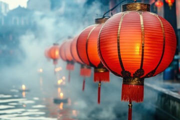 Glowing Red Lanterns Illuminate a Misty Street at Night
