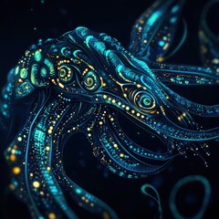 Obraz premium Abstract Bioluminescent Octopus: An ethereal digital artwork depicting a stylized bioluminescent octopus, its body and tentacles aglow with a mesmerizing blend of turquoise and golden hues.