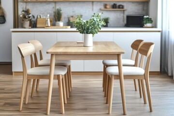Modern dining area with a wooden table and minimalist chairs, showcasing a serene and stylish interior design