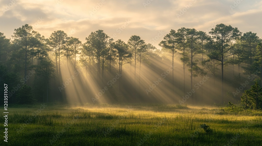 Poster ethereal morning light filtering through a forest of tall pines with ground fog creating a mystical 