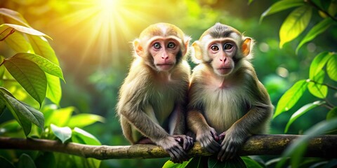 Fototapeta premium Adorable Monkeys Cuddling on Lush Jungle Branch - Stock Photo