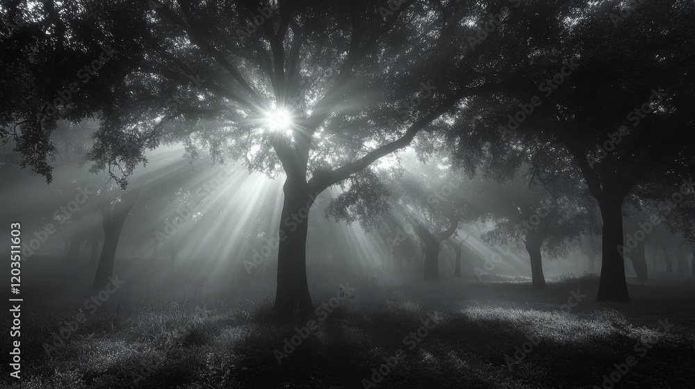 Poster ethereal forest scene with light rays piercing through dense fog and trees creating a moody and atmo