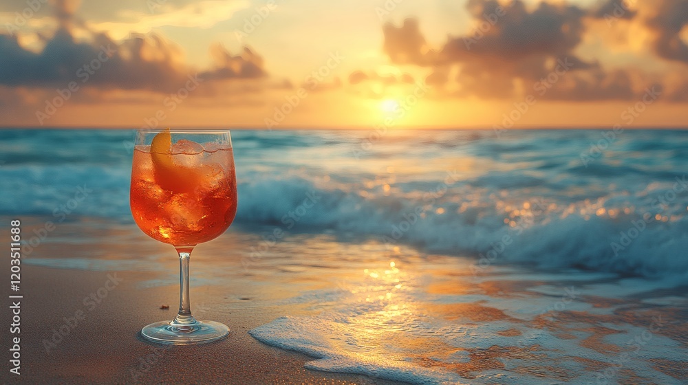Poster inviting scene featuring an aperol spritz cocktail on a pristine sandy beach with gentle waves lappi