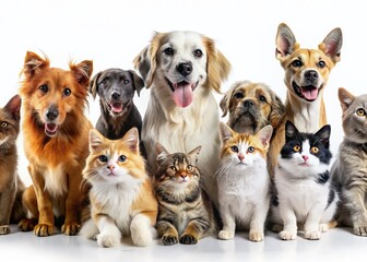 Adorable Pets Panoramic: Cute Dogs and Cats Group Shot on White Background - Banner Image