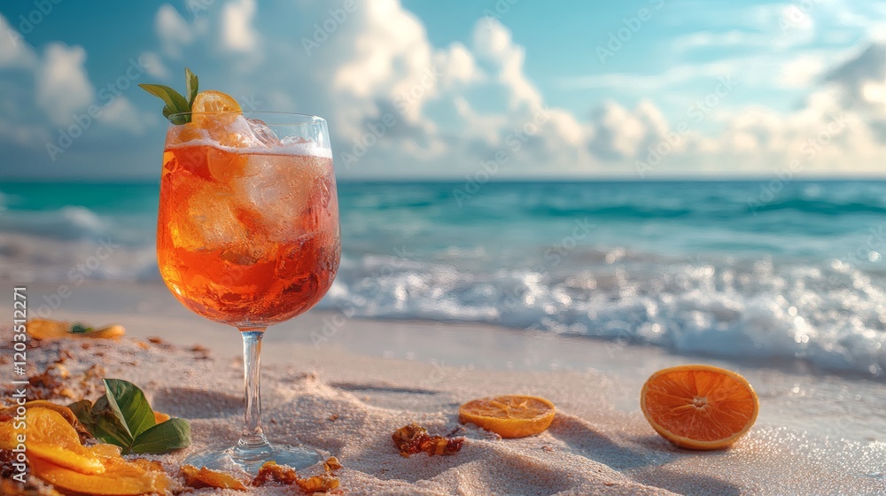Poster inviting scene featuring an aperol spritz cocktail on a pristine sandy beach with gentle waves lappi