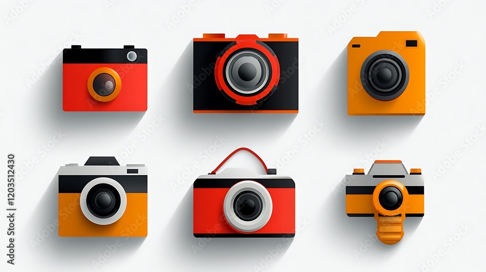 Poster flat vector design of colorful camera icons on white background