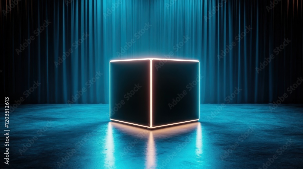 Poster this image features a glowing cube set in a vibrant environment, accentuated by blue lighting, highl