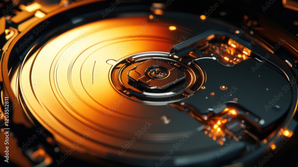 Poster close-up view of a shiny hard drive platter with intricate metallic details and glowing reflections
