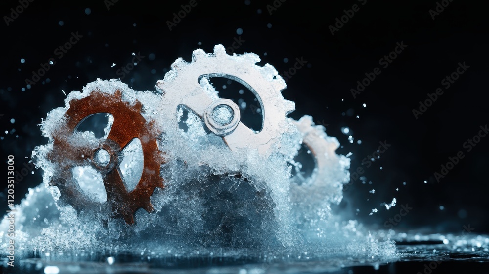 Poster a dramatic array of metallic gears encased in mist creates an industrial aesthetic, illustrating the