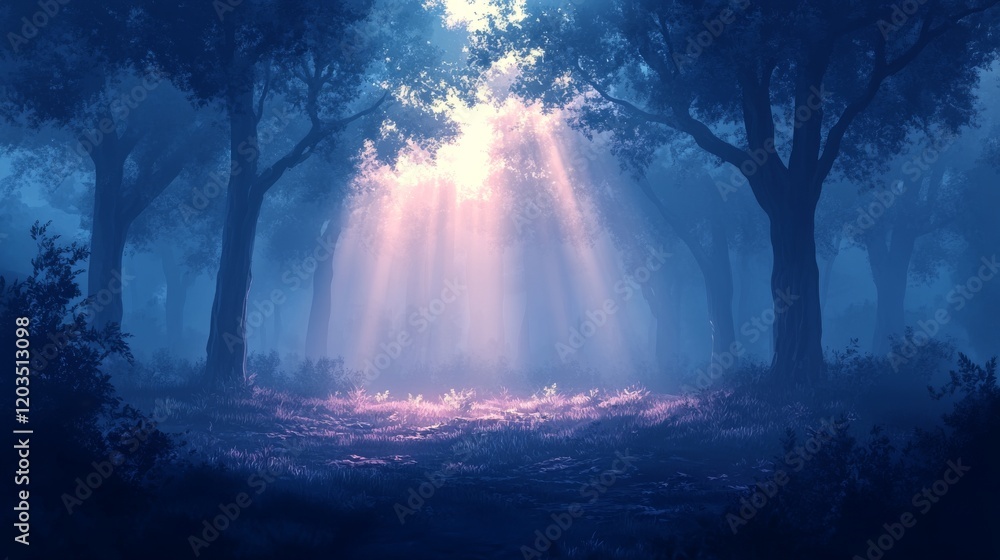 Poster mystical forest bathed in soft light rays and deep blue hues creating an enchanting atmosphere at tw