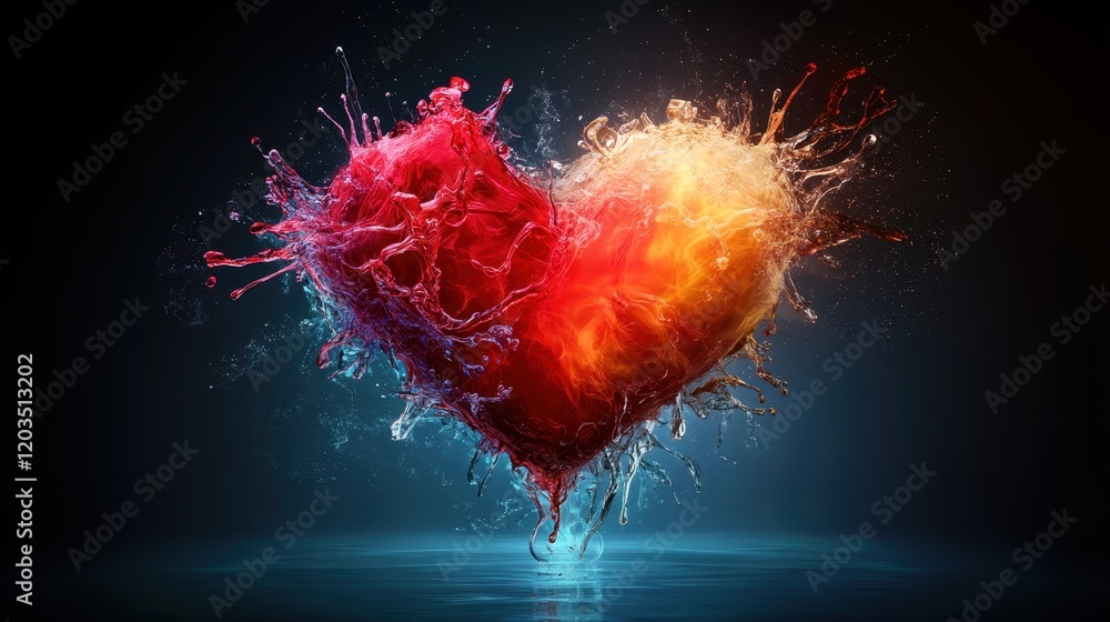 Poster this artwork portrays a dynamic heart shape made of splashes of red and orange. it represents powerf