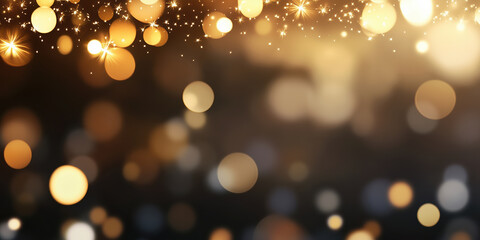 Golden bokeh lights with sparkles on dark background. Holiday celebration advertising